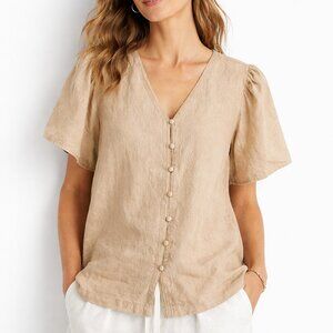 Crown Ivy Tan Button Front Boho Blouse V Neck Embroidered Linen/Cotton Top 1X